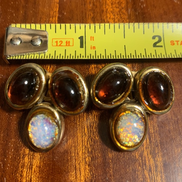80’s TRIPLE CABOCHON OPAL AND AMBER LOOK EARRINGS - Picture 7 of 12